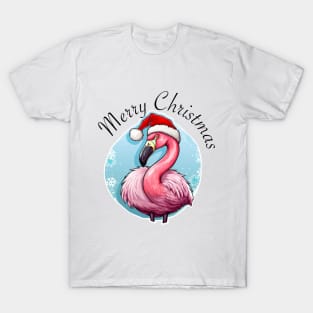 Pink Flamingo Wearing Santa Hat - Merry Christmas (Black Lettering) T-Shirt